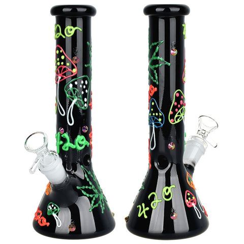 Hemp Leaf Glow In The Dark Beaker Glass Bong - 9.25" / 14mm F - Weedcommerce Marketplace