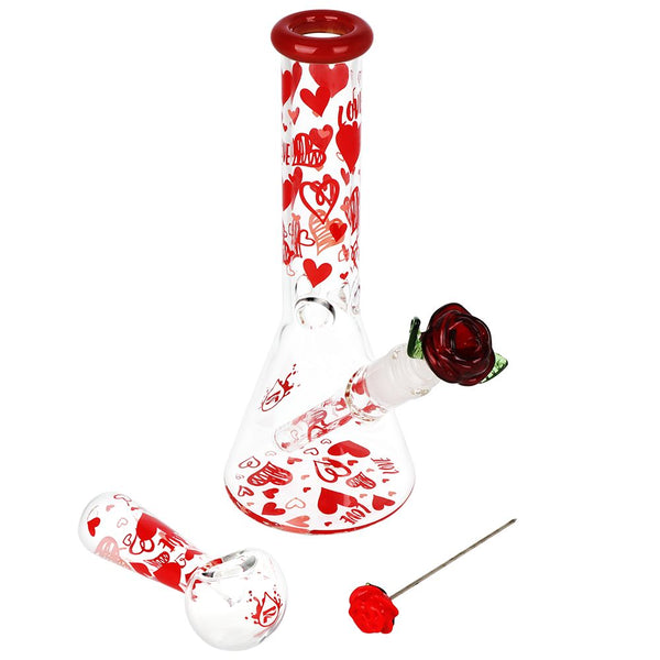 Pulsar Valentine's Hearts 'n' Roses Glass Herb Pipe Duo - 10" / 14mm F