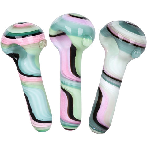 3CT BUNDLE - Heady Ribbons Glass Spoon Pipe w Marble - 4" / Assorted Colors - Weedcommerce Marketplace 