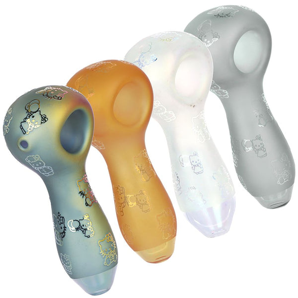 4CT BUNDLE - Hiya Cat Electroplated Etched Glass Spoon Pipe - 4" / Assorted Colors - Weedcommerce Marketplace 