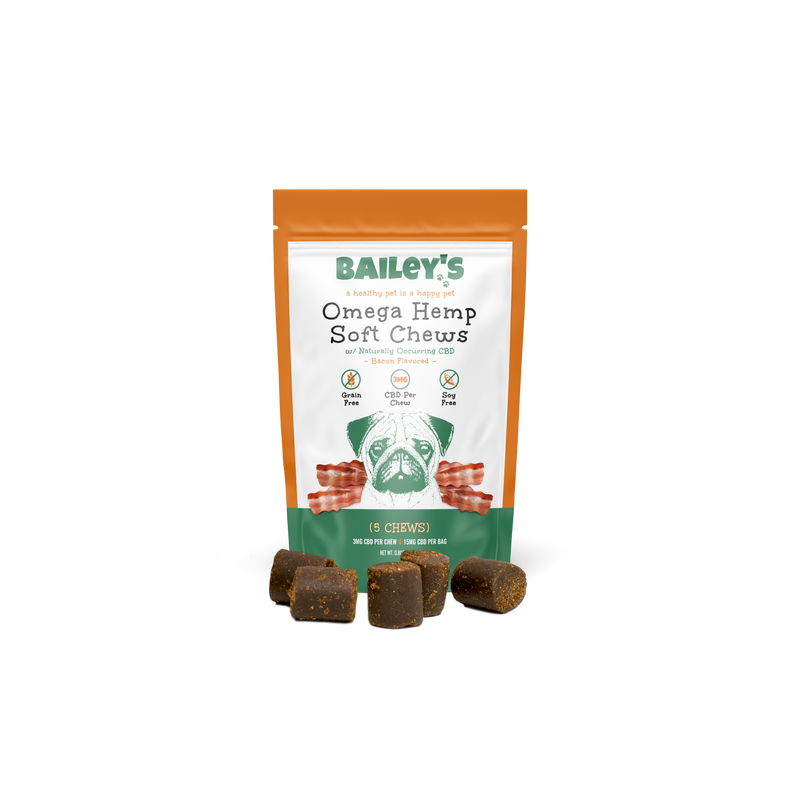 Bailey's Bacon Flavored Omega Hemp Soft Chews - 5 Count On-The-Go Pack w/ 3MG CBD Per Chew