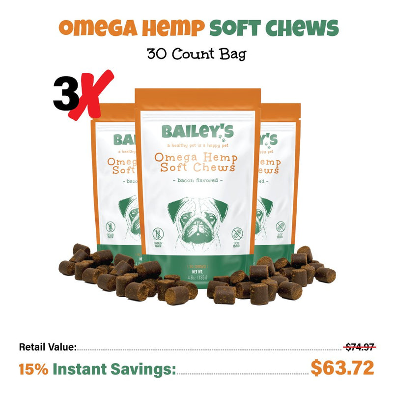 Bailey's Bacon Flavored Omega Hemp Soft Chews 30 Count Bag w/ 3MG CBD Per Chew